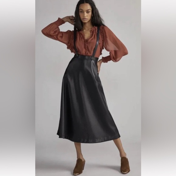 Anthropologie Dresses & Skirts - NWT Anthropologie‎ Black Faux Leather Pinafore Suspender Midi Skirt Dress - 8